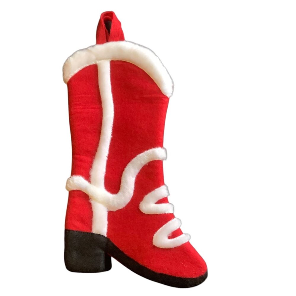 Vtg 2003 Western‎ Boot Shaped Christmas Stocking Red White Faux Fur 15"x7"